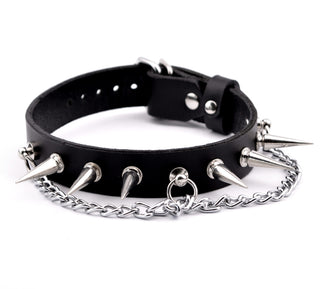 Black Leather BDSM Collar with Silver Spikes and Chain