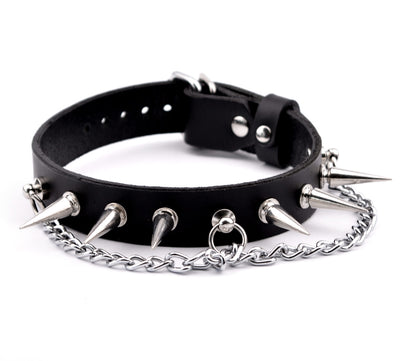 Black Leather BDSM Collar with Silver Spikes and Chain