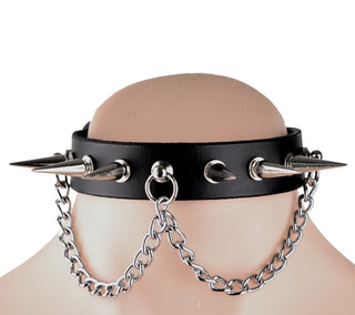 Black Leather Collar with Silver Spikes and Chain