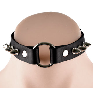 Black Leather O-ring Choker with Spikes