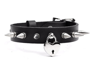 Black Leather Bondage Collar With Silver Spikes & Love Heart Lock Pendant