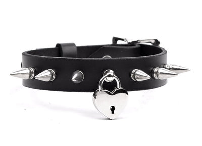 Black Leather Bondage Collar With Silver Spikes & Love Heart Lock Pendant