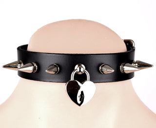 Black Leather Collar With Silver Spikes & Love Heart Lock Pendant
