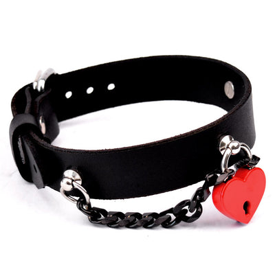 Black Leather Collar with Chain & Red Love Heart Padlock Pendant