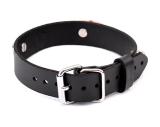 Black Leather Collar with Chain & Red Love Heart Padlock Pendant
