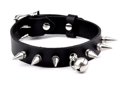 Black Leather Collar with Kitten Bell & Spikes | Leather BDSM Products