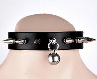 Black Leather Collar with Kitten Bell & Spikes