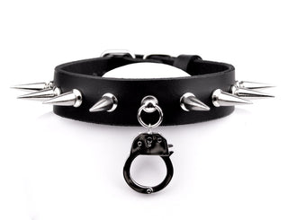 Mercy Industries | Spiked Black Leather Collar With Handcuff Pendant