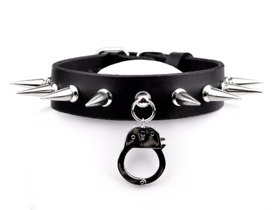 Mercy Industries | Spiked Black Leather Collar With Handcuff Pendant