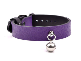 Leather BDSM Collar | Purple Dual Layer Leather Collar With Kitten Bell