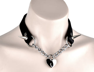 Black Leather & Steel Chain Collar with Spikes & Love Heart Lock