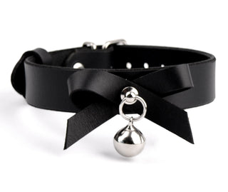Black Leather Collar With Bow & Kitten Bell | BDSM Collar