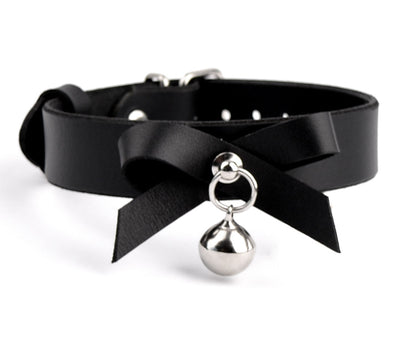Black Leather Collar With Bow & Kitten Bell | BDSM Collar