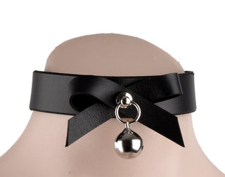 Black Leather Collar With Bow & Kitten Bell
