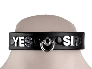 Custom Small Lettering Black Leather Collar With Ring – 'Yes Sir'