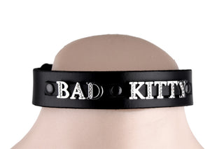 Custom Small Rhinestone Lettering Black Leather Collar – 'Bad Kitty'