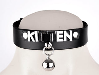 Custom Small Lettering Black Leather Collar With Kitten Bell – 'Kitten'