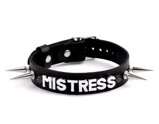 Custom Small Lettering Black Leather Collar with Spikes – 'Mistress'