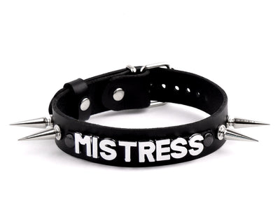 Custom Small Lettering Black Leather Collar with Spikes – 'Mistress'
