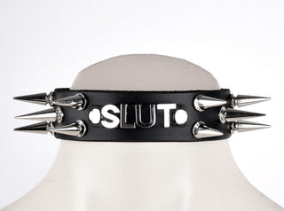 Custom Lettering Spiked Black Leather Bondage Collar