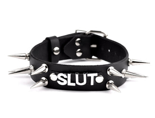 Custom Lettering Spiked Black Leather Bondage Collar