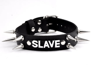 Custom Lettering Spiked Black Leather Bondage Collar