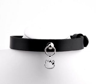 Black Leather Choker with Diamante Kitty Pendant