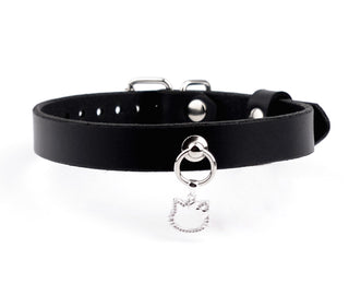 BDSM | Black Leather Choker with Diamante Kitty Pendant