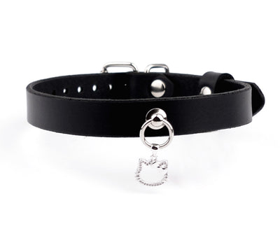 BDSM | Black Leather Choker with Diamante Kitty Pendant