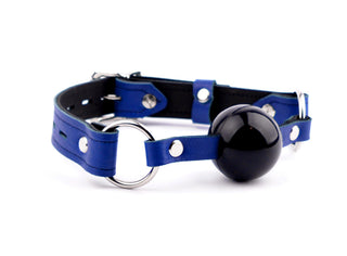 Blue Leather Premium Single Strap Ball Gag - Black Ball | BDSM Gag