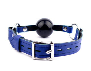 Blue Leather Premium Single Strap Ball Gag - Black Ball
