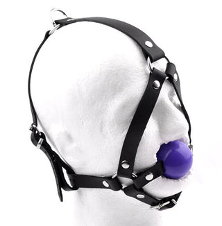 Ball Gag | Black Head Harness Ball Gag - Purple Ball