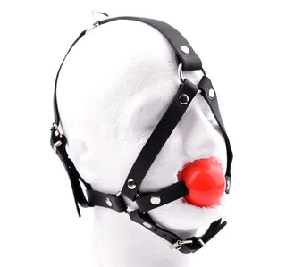 Black Head Harness Ball Gag - Red Ball | Leather BDSM