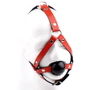 Leather BDSM Gag | Red Head Harness Ball Gag - Black Ball