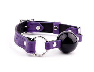 Mercy Industries | Purple Leather Premium Single Strap Ball Gag - Black Ball
