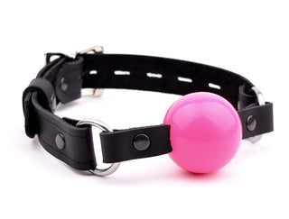 BDSM Gag | Black Leather Premium Single Strap Ball Gag - Pink Ball
