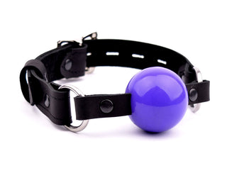 Leather BDSM Gag | Black Leather Premium Single Strap Ball Gag - Purple Ball