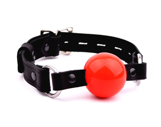 BDSM Ball Gag | Black Leather Premium Single Strap Ball Gag - Red Ball