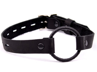 Single Strap Leather Open Mouth Ring Gag - Black Ring
