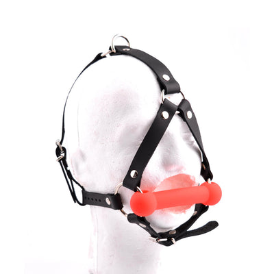Online BDSM Store | Black Head Harness Harness Bit Gag - Red Bit