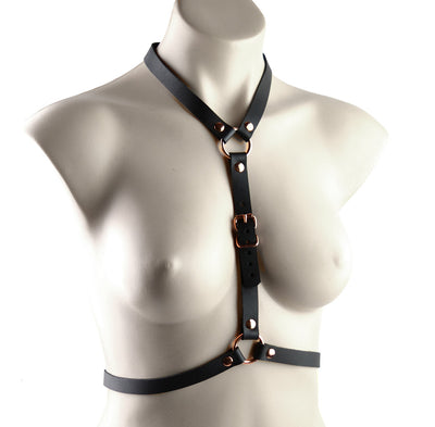 Black Leather & Rose Gold Aurum Body Harness | Online BDSM Store