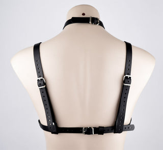 Black Leather Spiked Collar Bra & Booty Harness Set