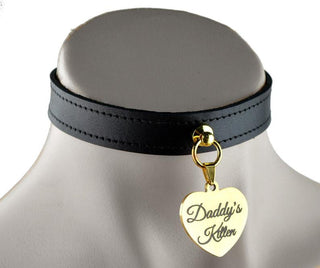 Black Leather Collar with Gold Custom Engraved Love Heart Pendant