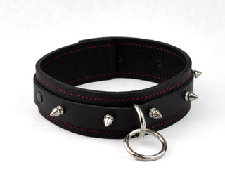 Black Deluxe Spiked Leather Bondage Collar - Red Stitching