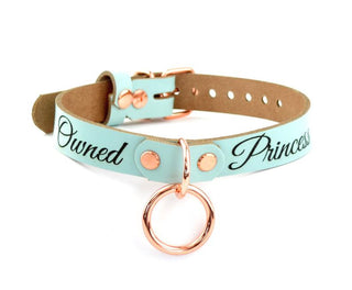 Custom Engraved Aqua Adore Blue Leather Collar with Rose Gold O-Ring – 'Owned Princess'