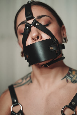 Leather Flat Panel Gag Head Harness - Black
