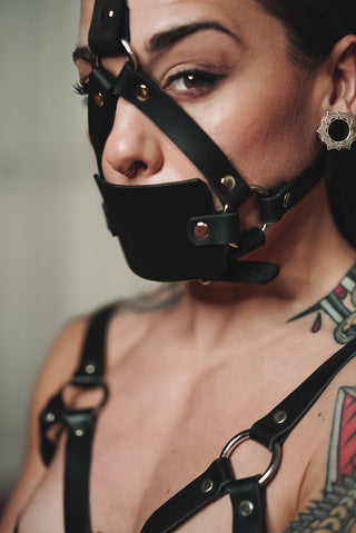 Leather Flat Panel Gag Head Harness - Black